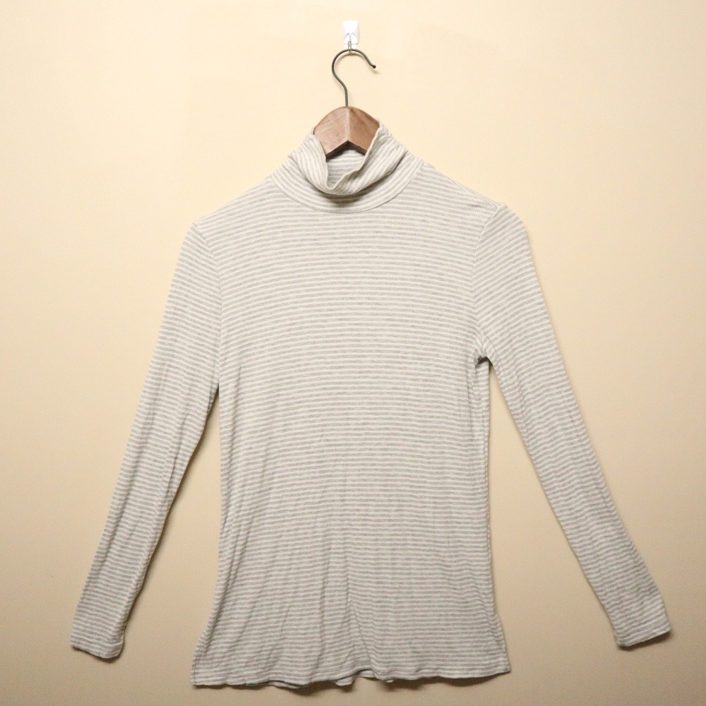 White and Gray Striped Turtleneck Tee